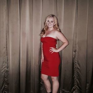 Red strapless party dress